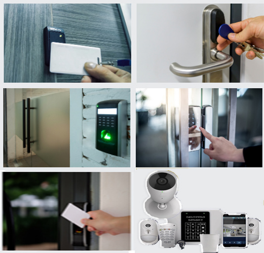 Collage con sistemas de control de acceso: huella digital, tarjeta magnética, teclado numérico y cámaras de seguridad